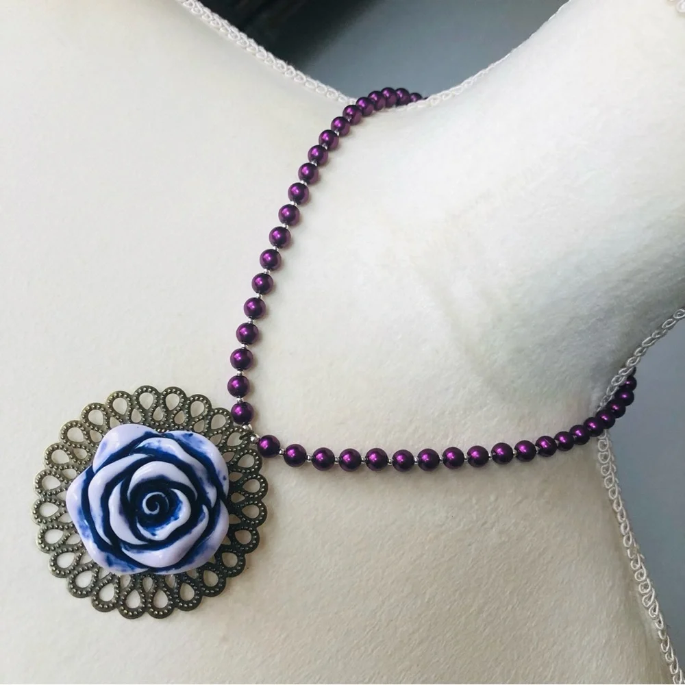 Handcrafted repurpose purple rose filigree pendant Czech glass Pearl necklace